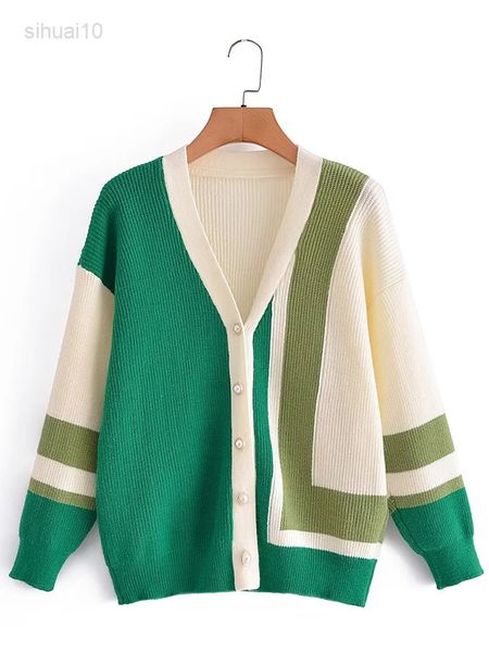 

women 2022 autumn color patchwork knitted vest casual long sleeve short women clothing comfortable sweater l220725, White