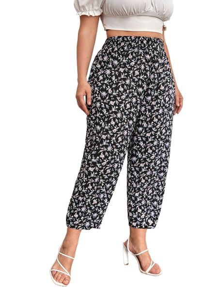 

plus ditsy floral print cropped pants v89n#, Black