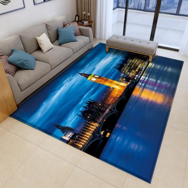 Teppiche Mode Landschaft gedruckt Wohnzimmer Dekor Teppich europäischen Stil leuchtende Big Ben Flanell Anti-Rutsch-Schlafzimmer MatArea RugCarpets