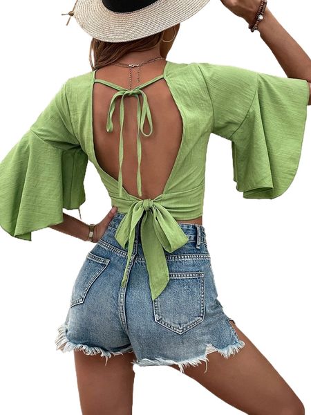 

tie backless flounce sleeve blouse z2k5#, White