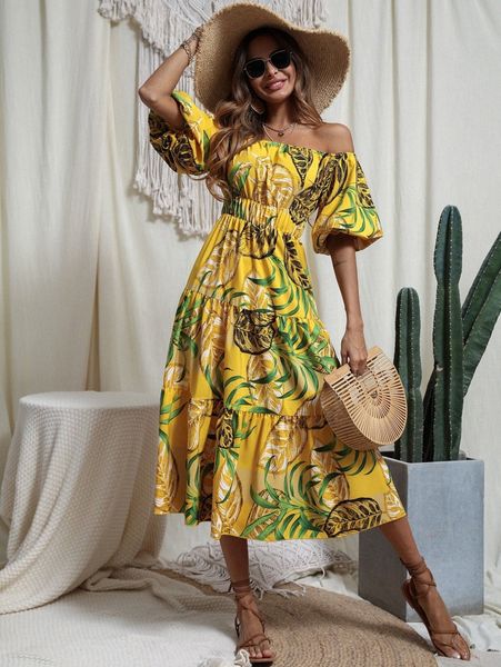 

tropical print off the shoulder bishop sleeve ruffle hem dress h9wy#, Black;gray