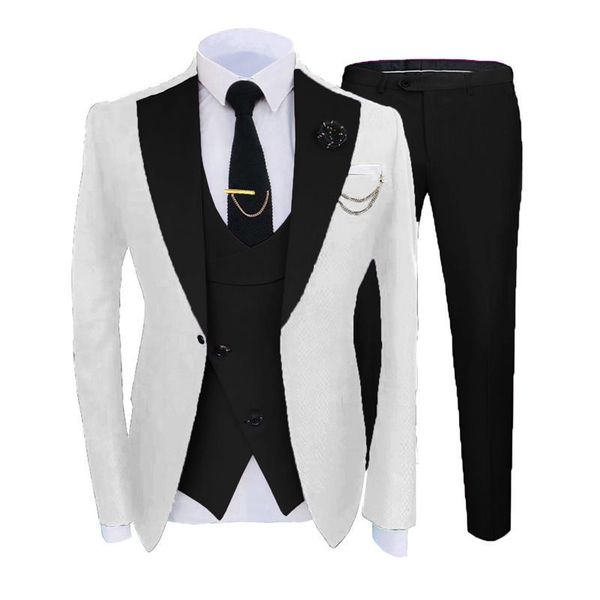 Novo Popular White 3 Peças Terno Men Tuxedos Black Notch Lapela Slim Fit Groom Groom Tuxedos Men Dinner Prom Blazer Jaqueta