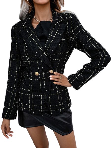 

plaid double button overcoat e0x1#, Black