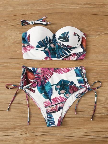 

leaf print push up high waisted bikini swimsuit b2e5#, White;black