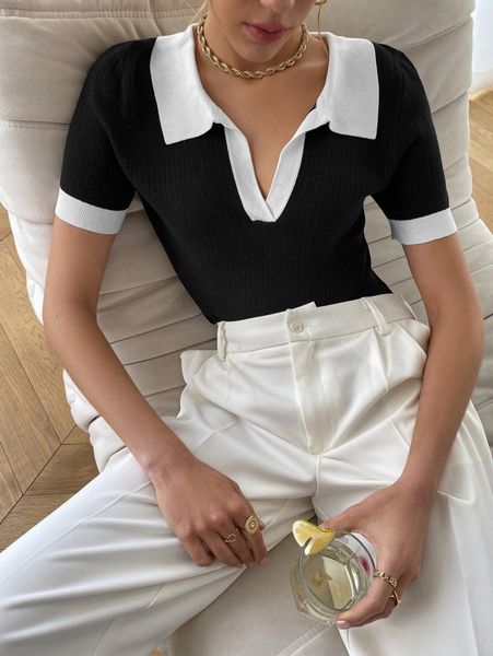 

sollinarry colorblock contrast collar rib-knit x1c4#, White;black