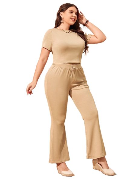 

plus solid ribbed knit tee & tie front flare leg pants z5f4#, Black