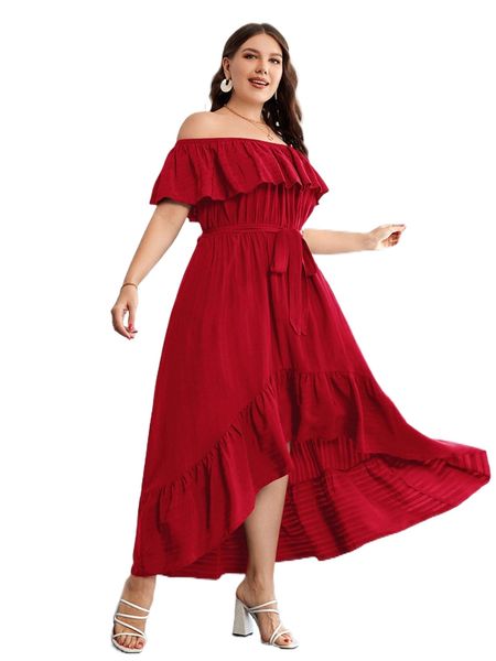 

plus off shoulder ruffle trim high low hem belted dress s1xm#, Black