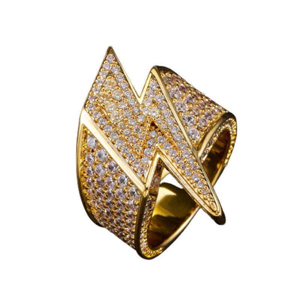 

cluster rings bling lightning rings for men women tready cubic zircon iced out copper personality ring hip hop jewelry gifts 220422, Golden;silver