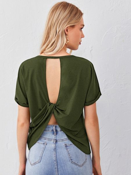 

cutout twist back cuffed sleeve tee r71x#, White