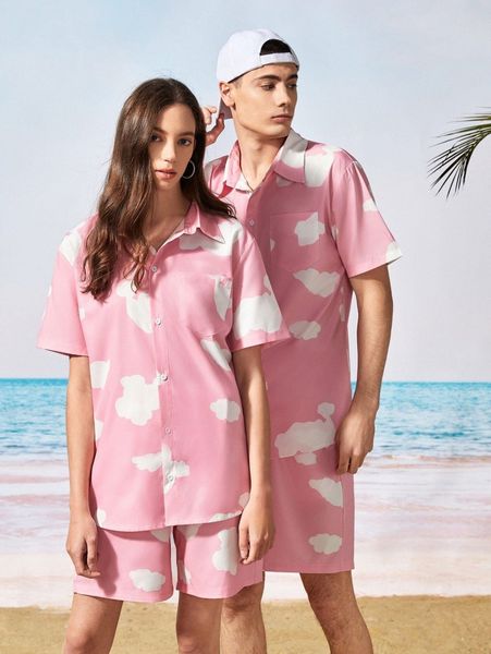 

1pc clouds print patched pocket shirt & 1pc drawstring waist shorts m88z#, Gray