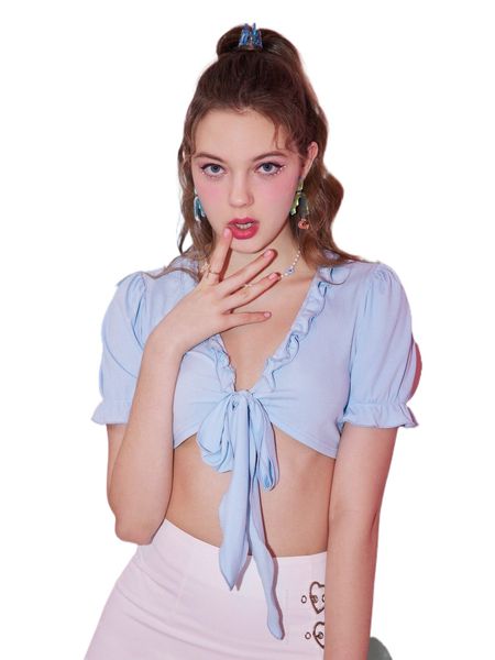 

romwe frill trim tie front 89vo#, White