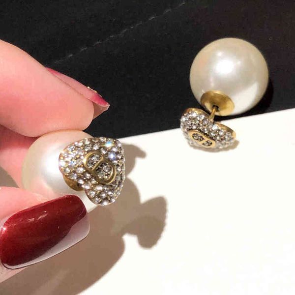 

jewel love diamond pearl earrings women's red style versatile temperament high version 925 silver needle earrings, Golden