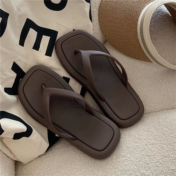 

sp&city ins fashion summer slippers square head platform flip flops solid color beach shoes clothing for women 220707, Black