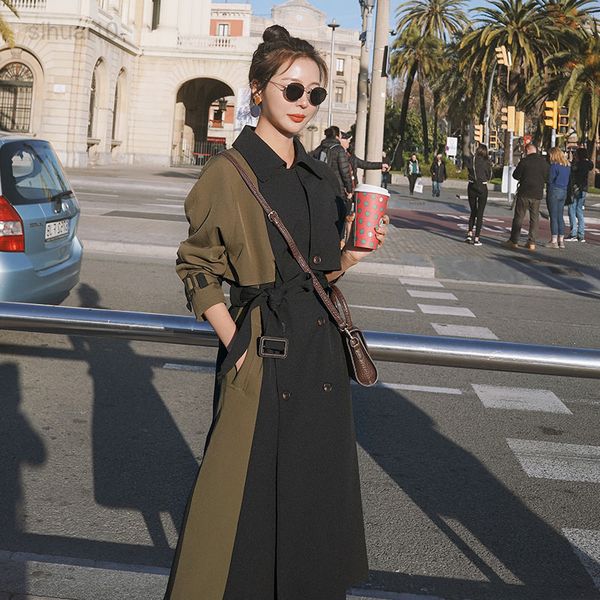 

qingwen new autumn korean long popular quality stitching contrast temperament windbreaker female trenchcoat 2021 l220725, Tan;black