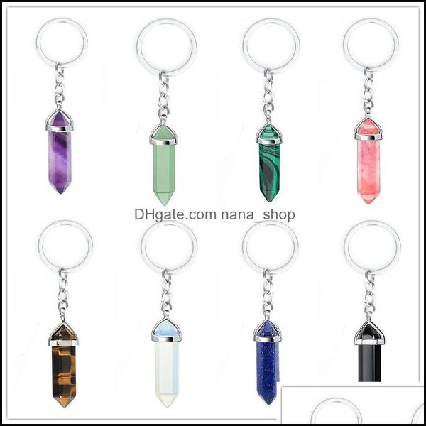 

key rings jewelry natural stone hexagonal prism keychains healing pink crystal car decor bag chain keyholder for women m dg0, Slivery;golden