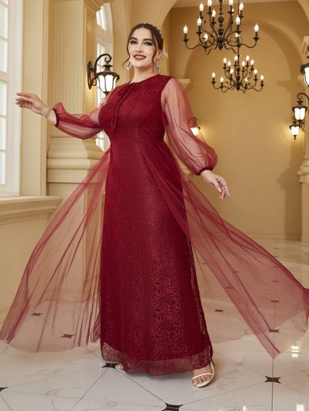 

plus lace insert lantern sleeve tie neck peplum waist mesh dress 06um#, Black