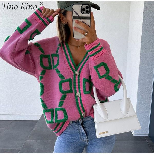 

v-neck oversized sweater women cardigan knit long sleeve button letter stripe jumper female sweaters loose winter pullover top, White;black