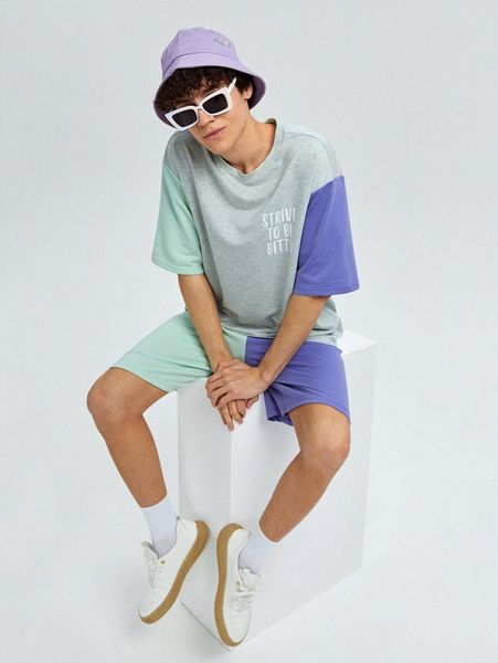 

men slogan graphic colorblock tee & drawstring waist shorts 82qv#, Gray