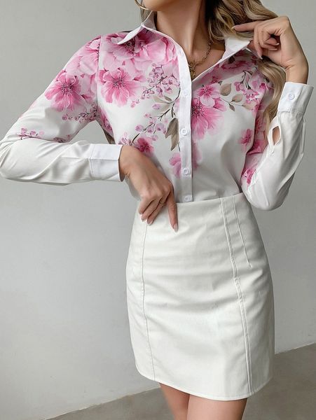 

floral print button front blouse x637#, White