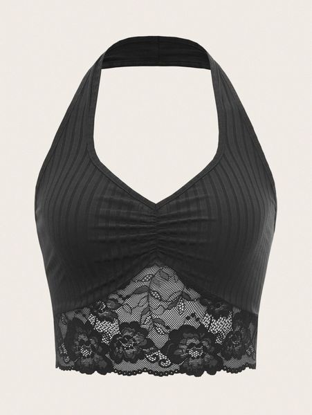 

contrast lace ruched halter e1eq#, White