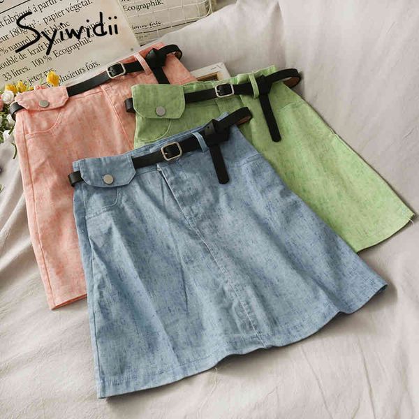 

sashes high waist skirt women button casual aline solid pink green spring summer korean fashion mini skirts 210415, Black