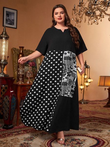 

plus polka dot notch neck tunic dress a1tr#, Black