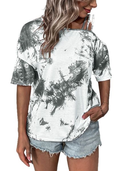 

tie dye asymmetrical neck tee c1fn#, White