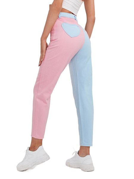 

high waist color block cropped jeans q8br#, Blue