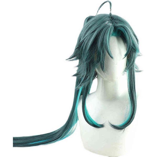

game genshin impact xiao cosplay wig mixed dark green blue long heat resistant synthetic hair halloween role play wigs +wig cap y220512, Black