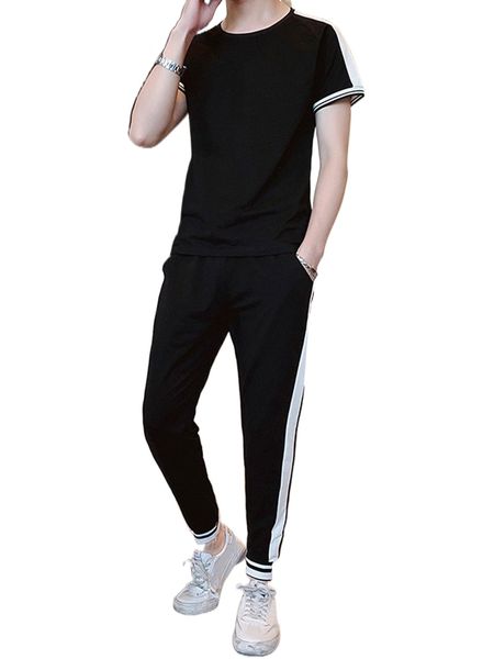 

men contrast side seam striped trim tee & pants 23l3#, Gray
