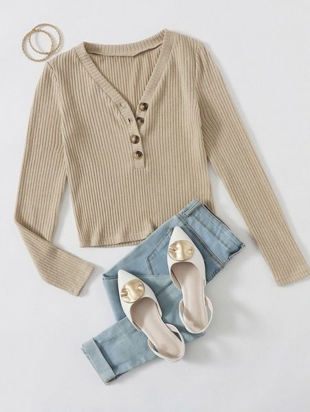 

buttoned placket ribbed tee f729#, White