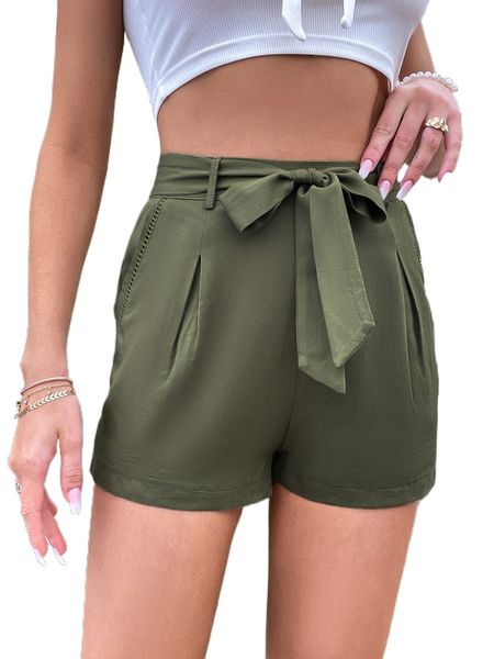 

solid plicated detail belted shorts v54r#, White;black