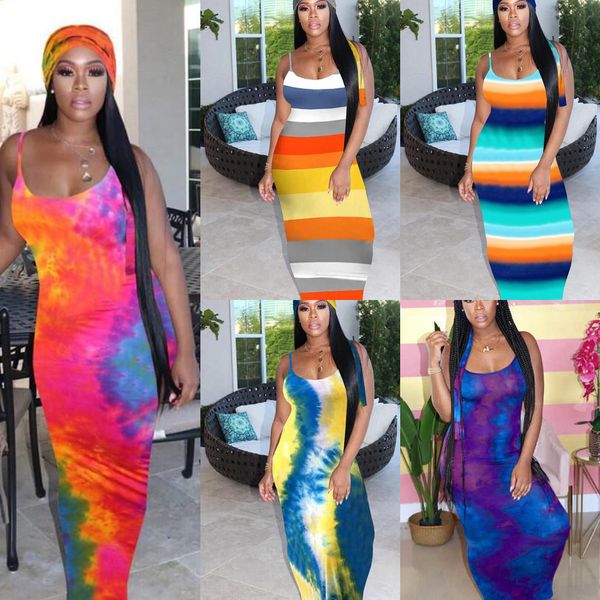 

women striped dresses designer slim spaghetti strap maxi dress tie dye sleeveless beach bodycon skirts including headscarf, Black;gray
