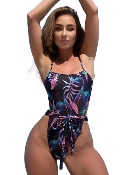

random tropical print cut out tie front monokini 69mt#, White;black
