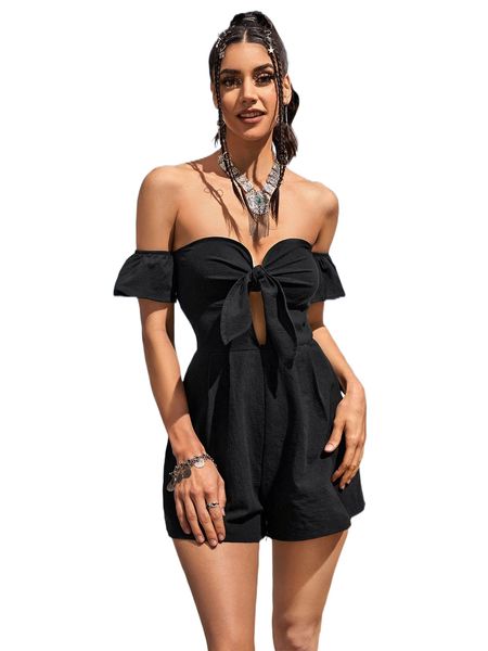 

off shoulder knot front cut out romper c3cu#, Black;white