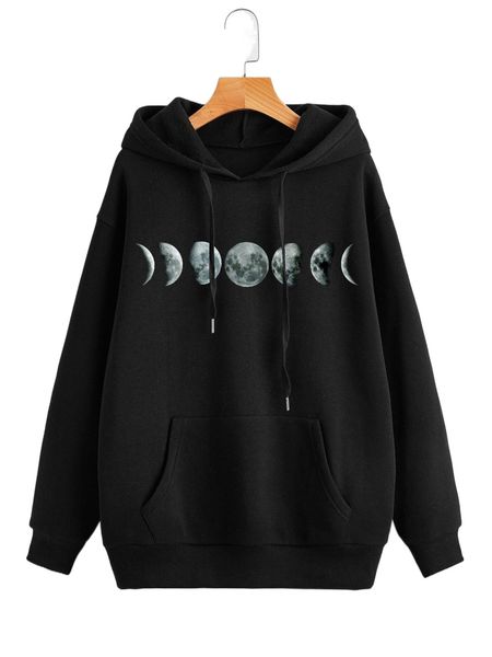

lunar eclipse print thermal lined hooded sweatshirt v5v7#, Black