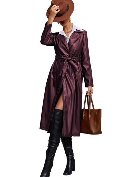 

lapel collar belted pu trench coat n7nb#, Tan;black