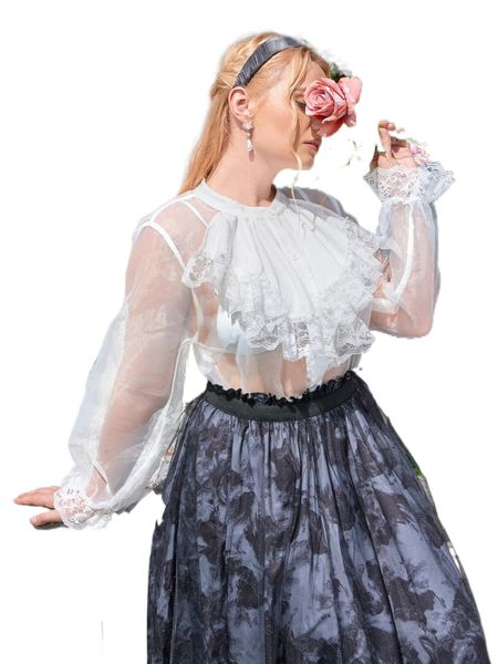 

plus contrast lace flounce sleeve organza shirt e9kg#, Black