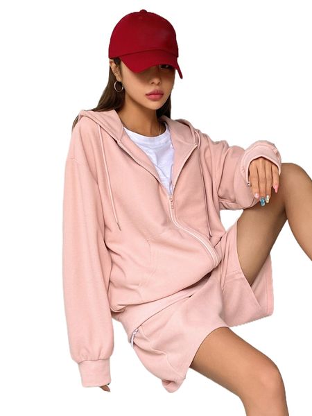 

dazy zip up drop shoulder hoodie & shorts a6yz#, White