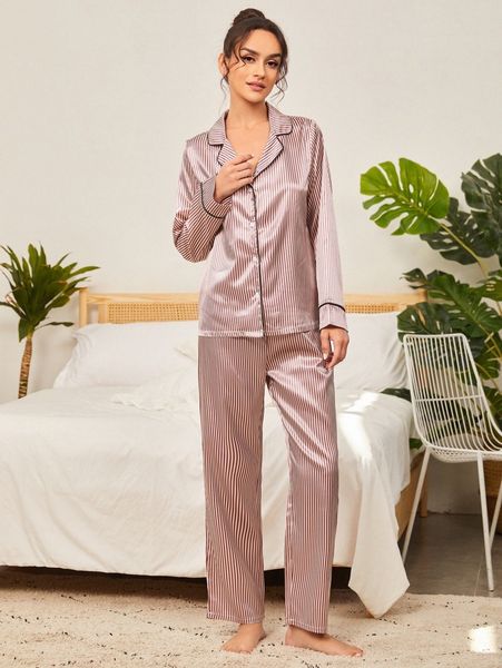 

striped contrast piping pj set 807k#, Black;red