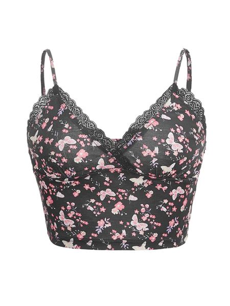 

butterfly & ditsy floral print contrast lace cami a9f7#, White
