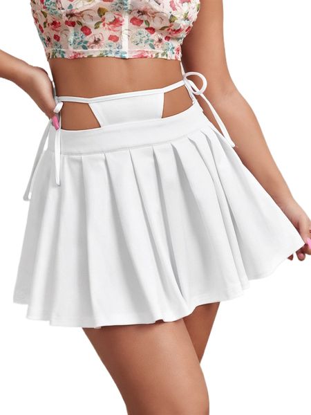 

sxy cut out tie side pleated skirt s6vy#, Black