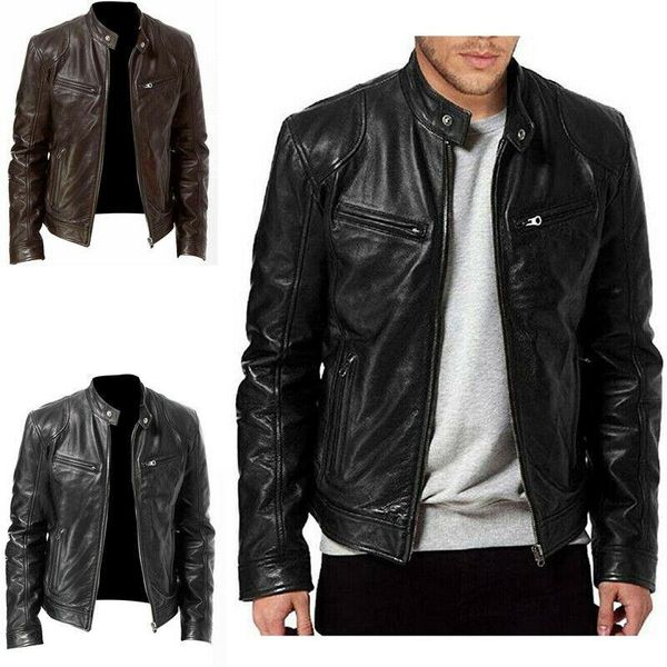 Herrenjacken Warme Winter-Herren-Lederjacke Langarm-Trenchcoat Motorrad-Punk-Outwear Reißverschluss Stehkragen Fit TrendyMen's