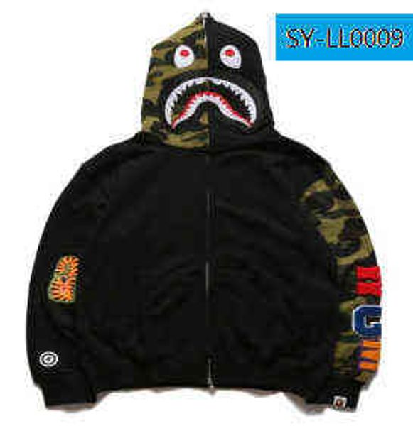 

factory online export new designer brand sweater camouflage shark head ape bap fashion same coat 3d printing zipper hoodie men's and wo, Black