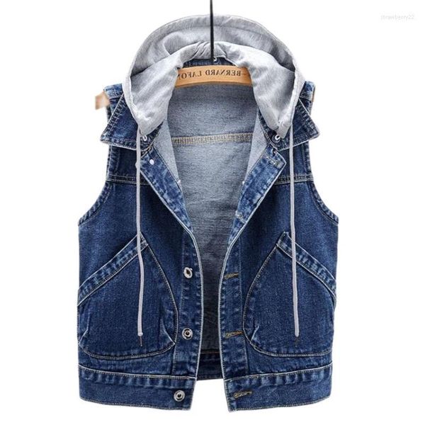 Coletes femininos jeans mulheres curtas 2022 com capuz de primavera com capuz de bolso grande sem mangas jaquetas all-match slim tops cardigan cistascoat gilet outono stra22