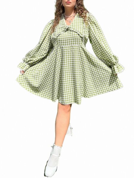 

plus gingham print flounce sleeve dress p4ns#, Black