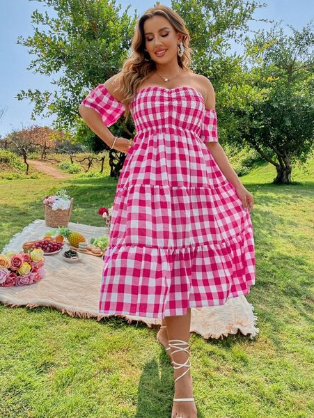 

plus buffalo plaid off-shoulder shirred ruffle hem dress t0kv#, Black