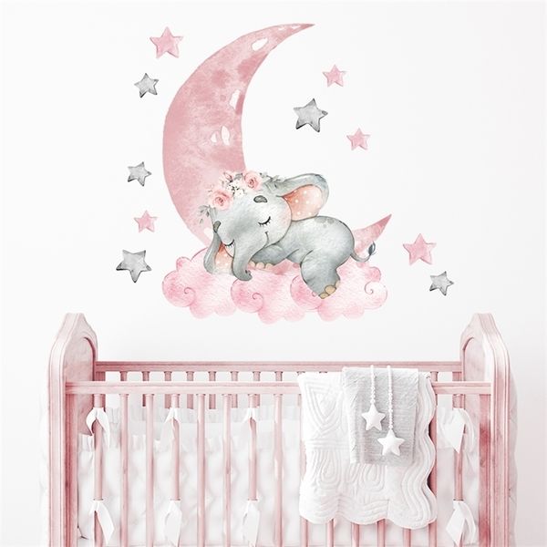 Cartoon rosa Baby Elefant Wandaufkleber Luftballon Wandtattoos Baby Kinderzimmer dekorative Aufkleber Mond und Sterne für Mädchen 220727