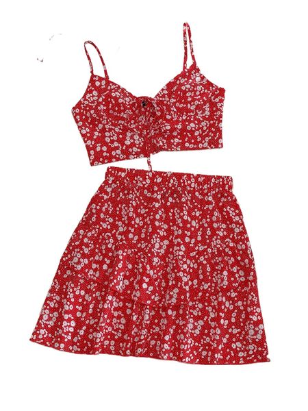 

ditsy floral print knot front cami & skirt n5ju#, White