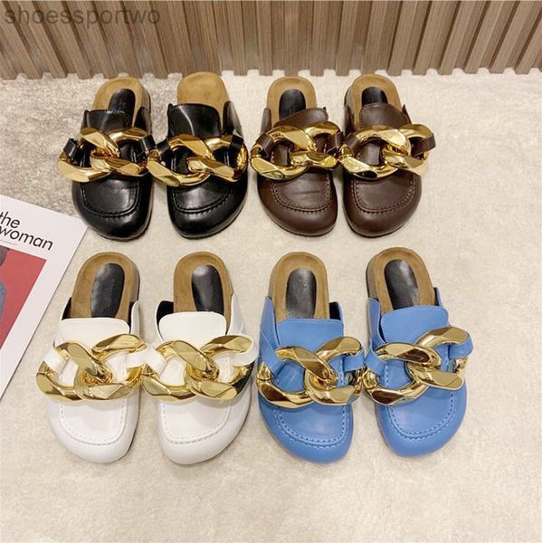 

womens slippers slide baotou leather metal chain sandals designer luxury rubber sandal mules outdoor beach shoes boots heatshoes size 35-40, Black